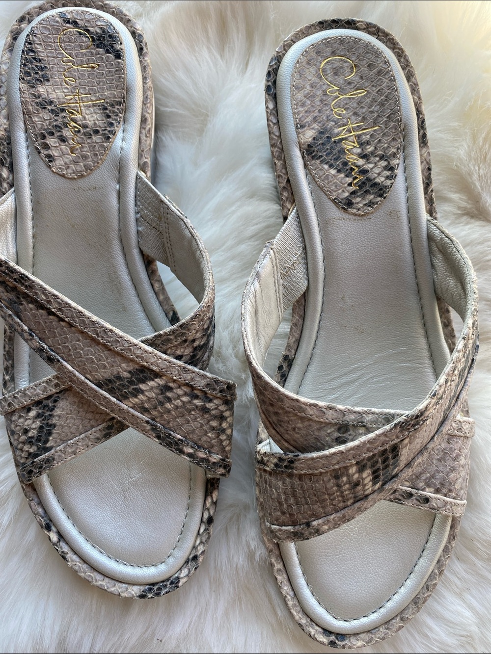 Cole Haan Taupe Snake-Print Crisscross Slide Mules